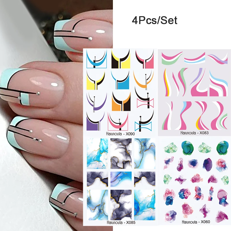 

4Pcs/Set Flower Leaves Water Decasl Stickers Floral Geometric Lines Transfer Water Sliders For Nails Manicures Decoration