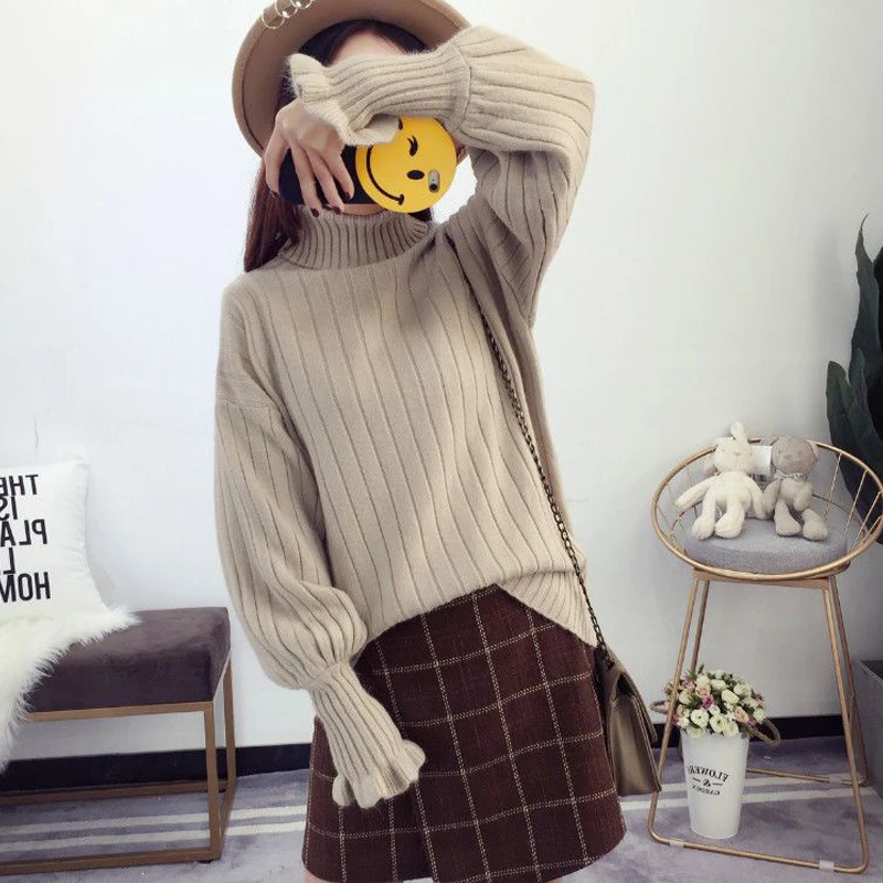 

Solid Autumn Winter Woman's Knitted High Neck Jumpers Long Sleeve with Ruffles Female Turtleneck Sweater Loose Pullover for Lady