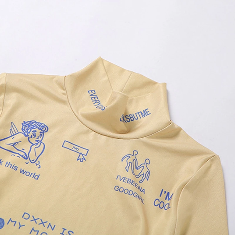 

Women Long Sleeve Turtleneck Bodysuit Harajuku Graffiti Letters Graphic Printed Leotard Basic Sexy Bodycon Streetwear
