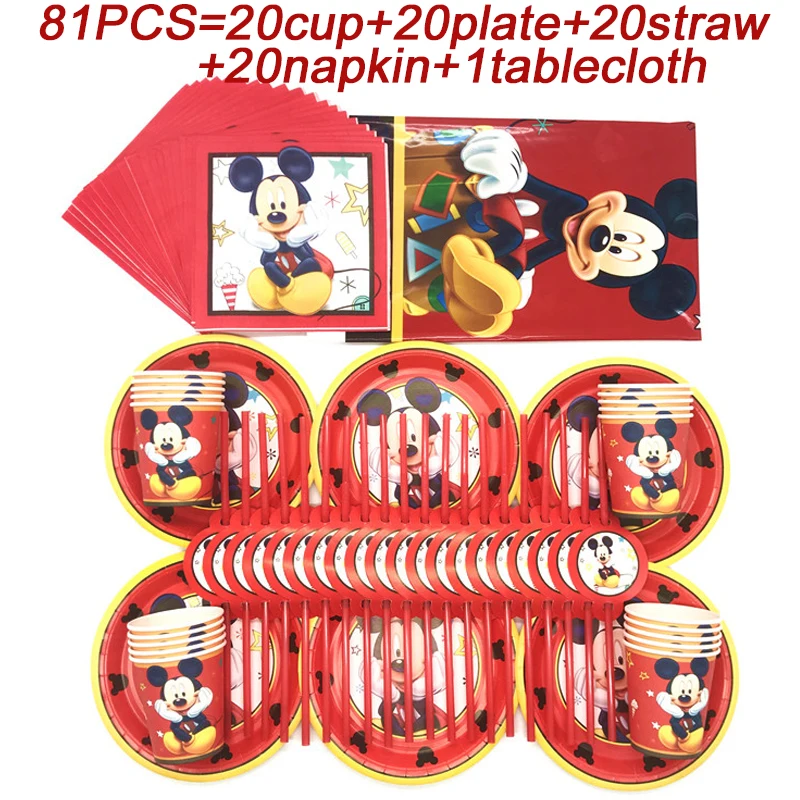 

Mickey Mouse Party Supplies Tableware Paper Cup Plates Straws Napkin Baby Shower Mickey Party Tablecloth Red Decoration Supplier