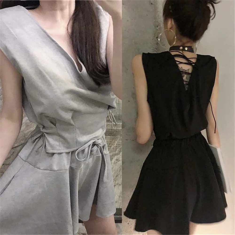 

Summer 2Pcs Casual Set Sexy Sleeveless Deep V-Neck Tie T-Shirt + High Waist Wide Leg Skirt Short 2021 Women Cotton Loose Suit