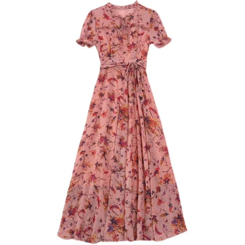 

COIGARSAM 3XL Plus Size Chiffon Women dress New Summer Short Sleeve High Waist Dresses Pink Dark Blue 2895