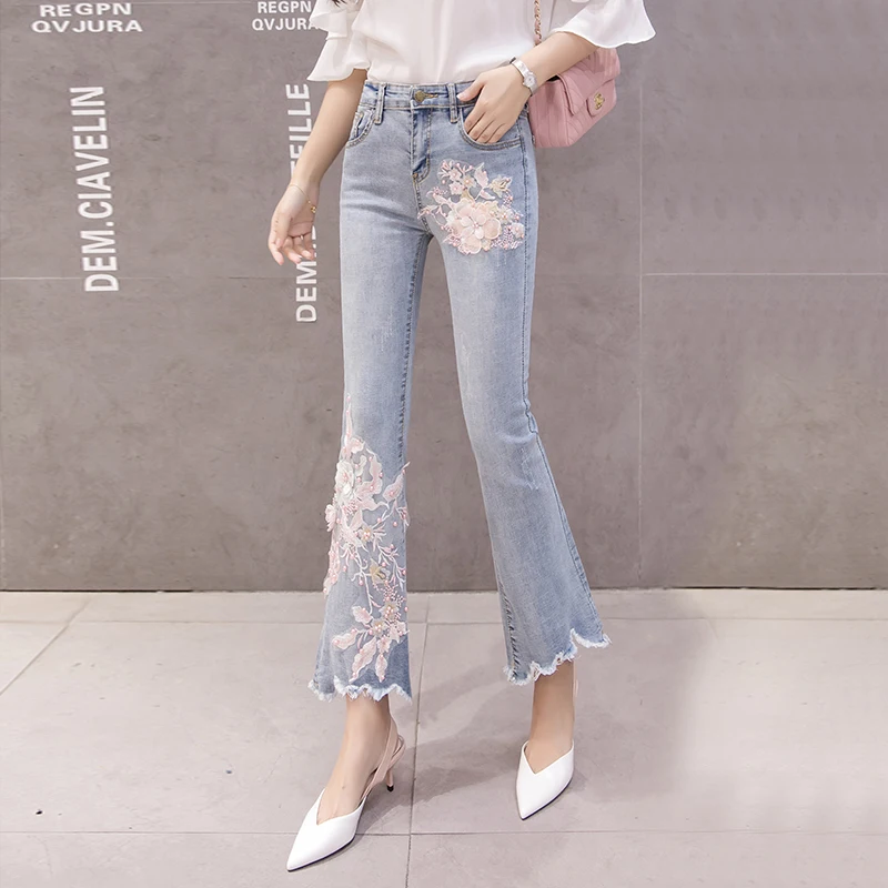 

Stretchy Plus Size Women Flare Jeans Pants Pearls Tassels Flower Embroidery Denim Skinny Jeans Woman High Waist Pants Mom Jeans