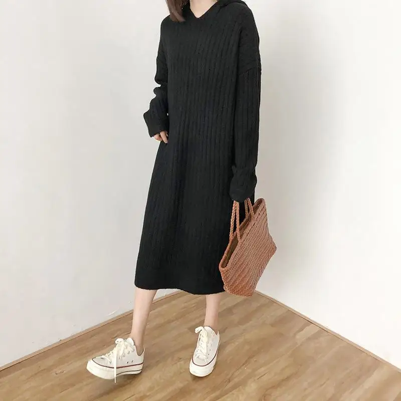 

ZITY Winter Autumn Fashion Hooded Sweater And Pullovers Long Style Casual Striped Pullovers Korean Long Sweater Dress