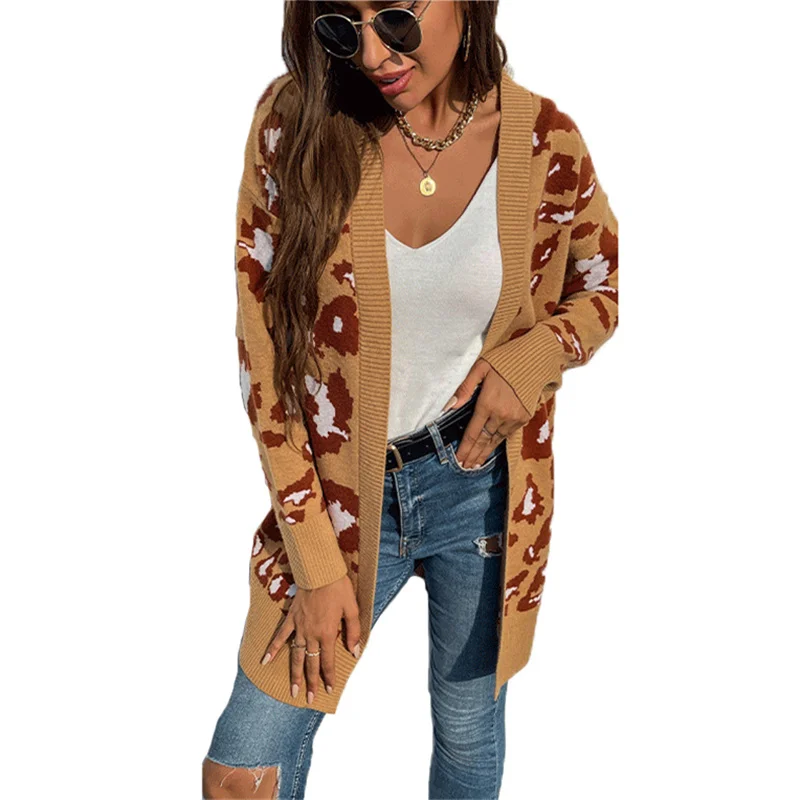 

Женский трикотажный свитер с леопардовым принтом, повседневный Свободный Длинный свитер цвета хаки с V-образным вырезом в европейском и аме...