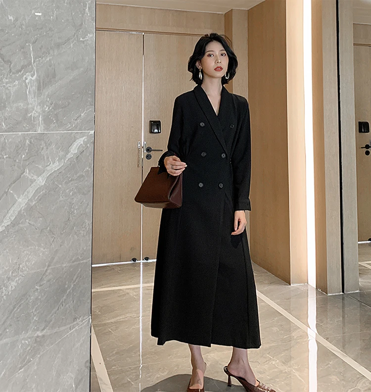 

Black Double-Row Buckle Trench Coat For Women Temperament Casual Turndown Ankle-length Windbreaker Jacket 2021