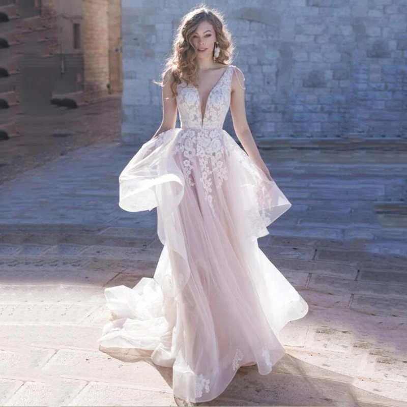 Vestido de casamento свадебное платье 2020 Тюлевое ТРАПЕЦИЕВИДНОЕ кружевное с v образным