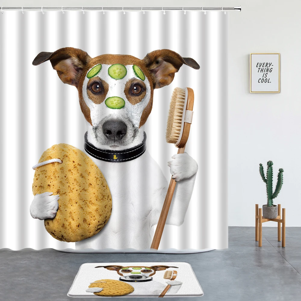 

Funny Animal Dog Shower Curtains Set Bath Mats Bathroom Kitchen Room Decoration Carpet Screen Entrance Door Mat Non-slip Rugs