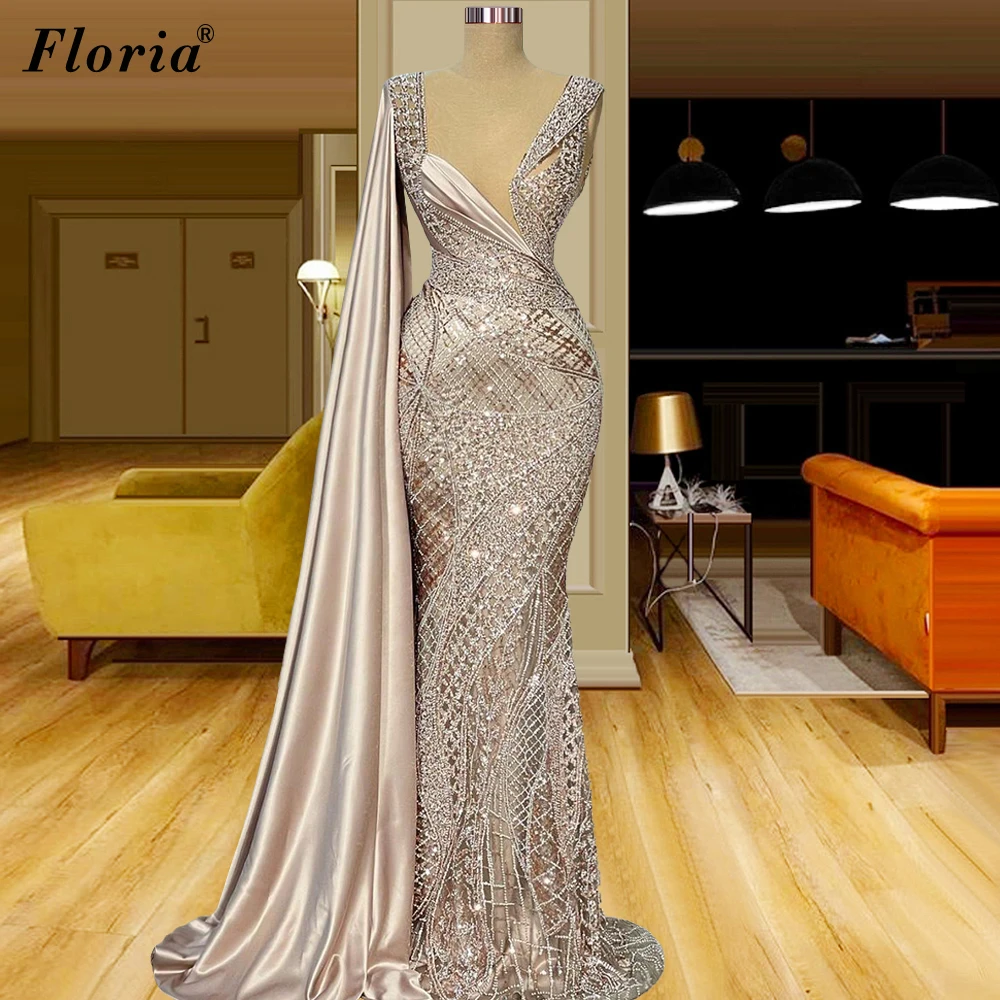 

Plus Size Arabic Evening Dresses Dubai One Shoulder Sparkly Evening Gowns Vintage Women Prom Dresses For Wedding Vestido Longo