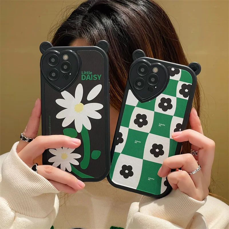 

Luxury Cute 3D Bear ear Green Flower Phone Case For iphone 13 12 Pro 11 XS Max XR 7 8 Plus X Soft Grid Daisy Colorful Back Cover
