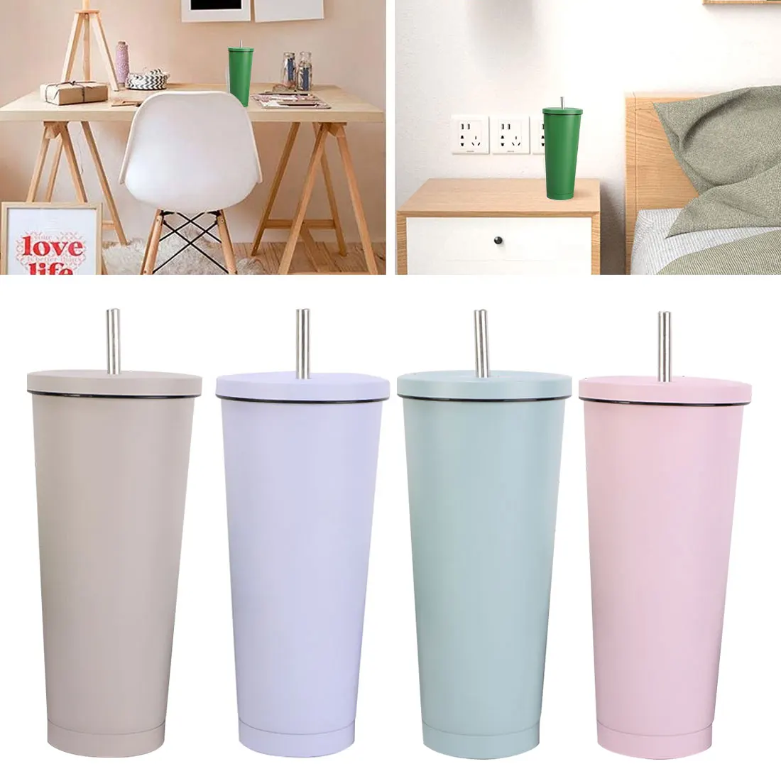 

750ml/500Ml Stainless Steel Double Wall Watermelon Cup Metal Coke Mug with Straw Lid Beer Mugs Holiday Souvenir Gift Candy Color