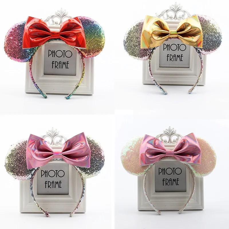 32 стиля Радужные Блестки повязка для волос девочек Минни блестящие уши бант