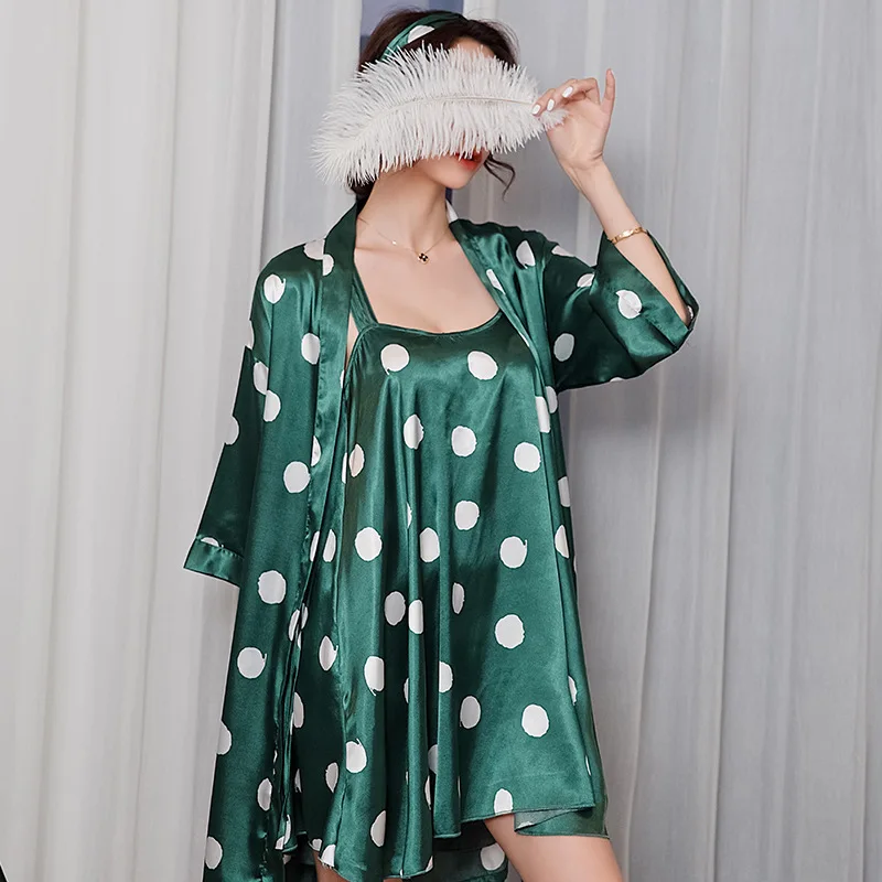 3PCS Silk Satin Sexy Lingerie Nightgowns Robes Set Headband 2021 Women Spring Polka Dot Bathrobes Sleepwear Nightdress Suit