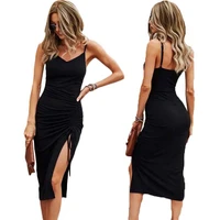 new style backless v neck long dress with side slit women spaghetti strap maxi sexy summer dress elegant black party club dress