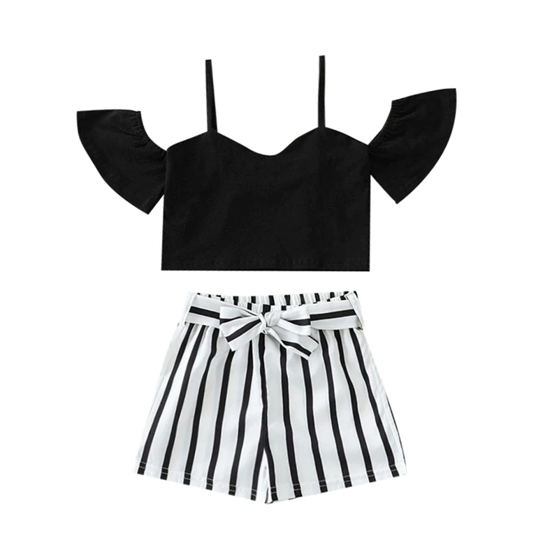 

2021 с футболкой и шортами для девочек; Модный комплект Цвет топы с короткими рукавами и Полосатое облегающее короткие брюки; Комплект летней ...