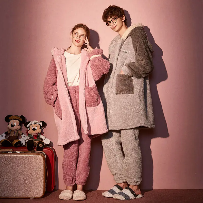 Couple Pajamas Plush Coral Velvet Cute Nightgown Autumn Winter Men's Womens Pajamas Suit Home Service Hooded Nightgown Fashion