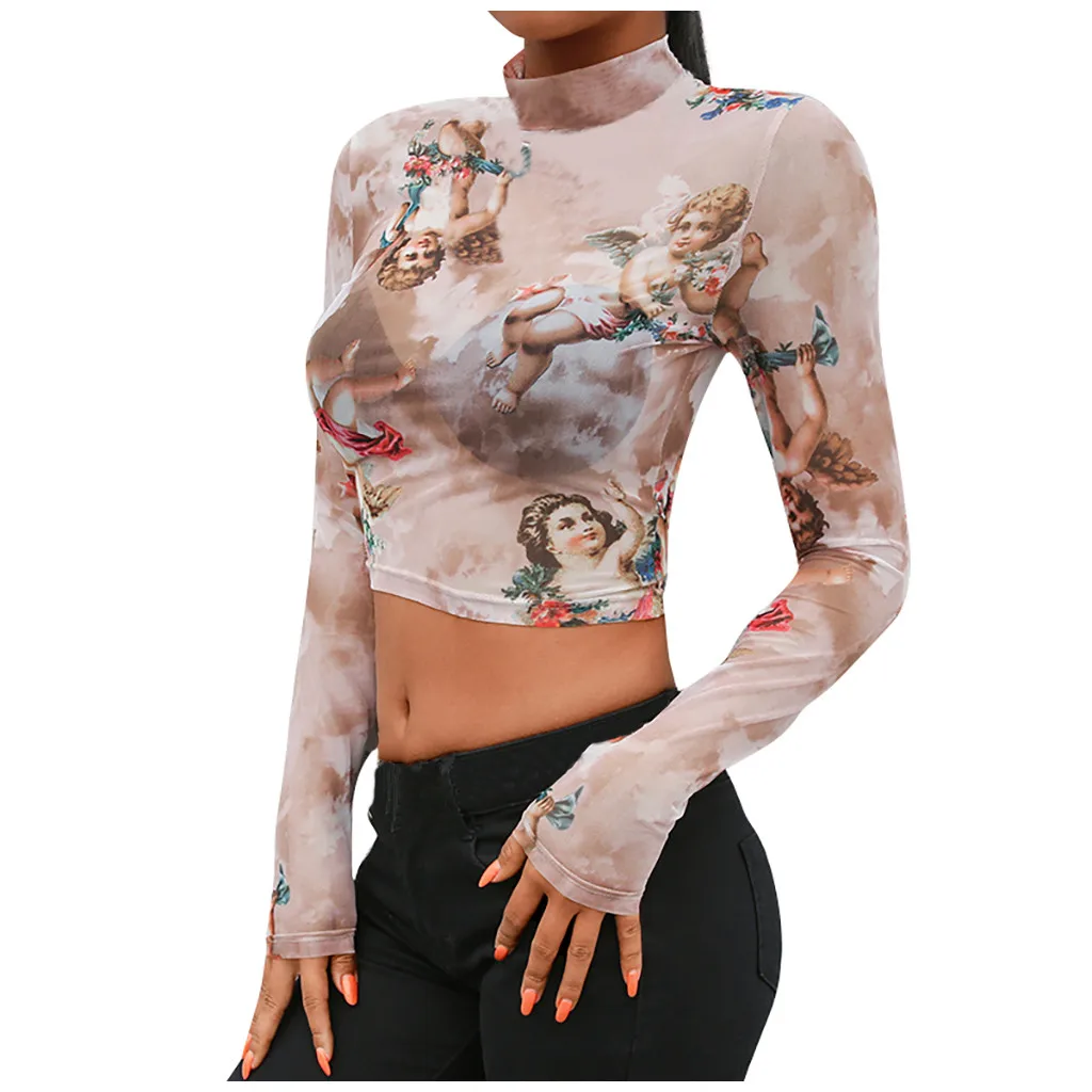 Футболка женская с длинным рукавом модная прозрачная сетчатая водолазка принтом