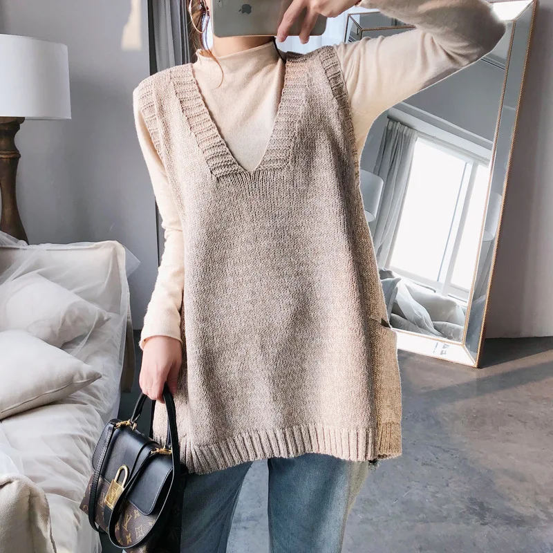 Осень 2019 свитер жилет v образный вырез пуловер с длинными клипсами свободно