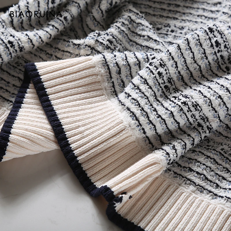 

BIAORUINA Women's Soft Stripes Knitted Loose Chic Cardigan Long Sleeve Round Neck Ladies Elegant Short Sweater Dropshipping