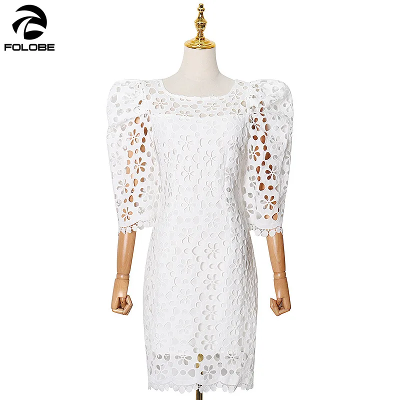 

FOLOBE 2021 Spring New Dresses Lace Hollow Out Puff Sleeve Square Collar Sexy Knee-Length Dresses Fashion Vestido Runway Dress