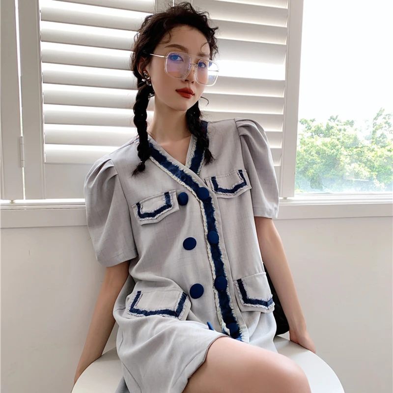 

XIZIHUPAN Elegant Patchwork Hit Color Dress For Women V Neck Puff Short Sleeve Loose Waist Straight Mini Dresses Female 2021 New