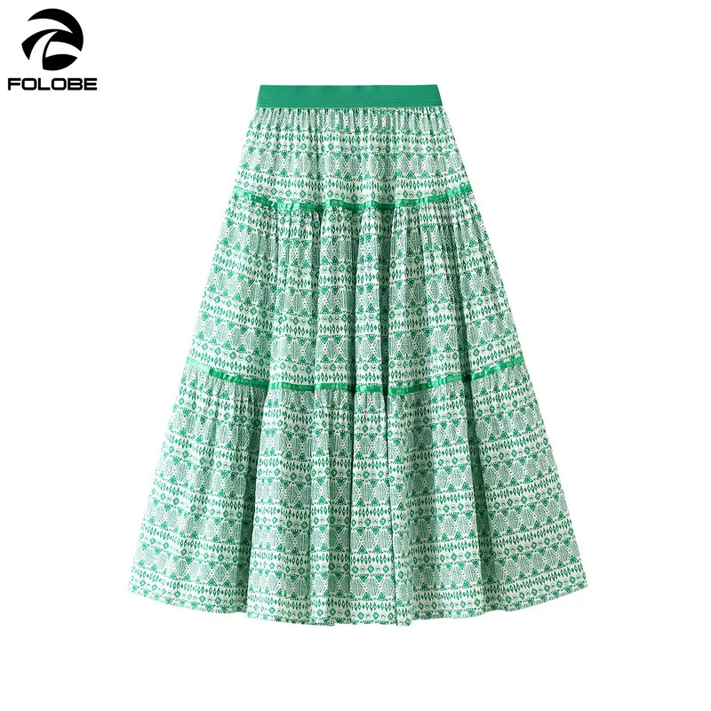 

FOLOBE 2021 Spring Summer Fashion Print Skirts Women Geometric Pattern Designer A-line Midi-calf Skirt Maxi Female green skirts