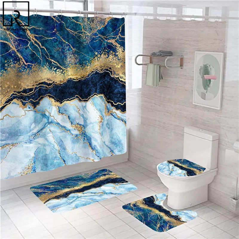luxury shower curtain modern marble decorative bathroom curtain polyester bath screen bath house partition mat set toilet carpet free global shipping