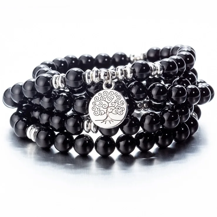 black agate tree 108 бусы натуральные камни Мала Будда Лотос дерево чакра Йога пара очарованные эластичные браслеты - Окраска металла: black agate tree