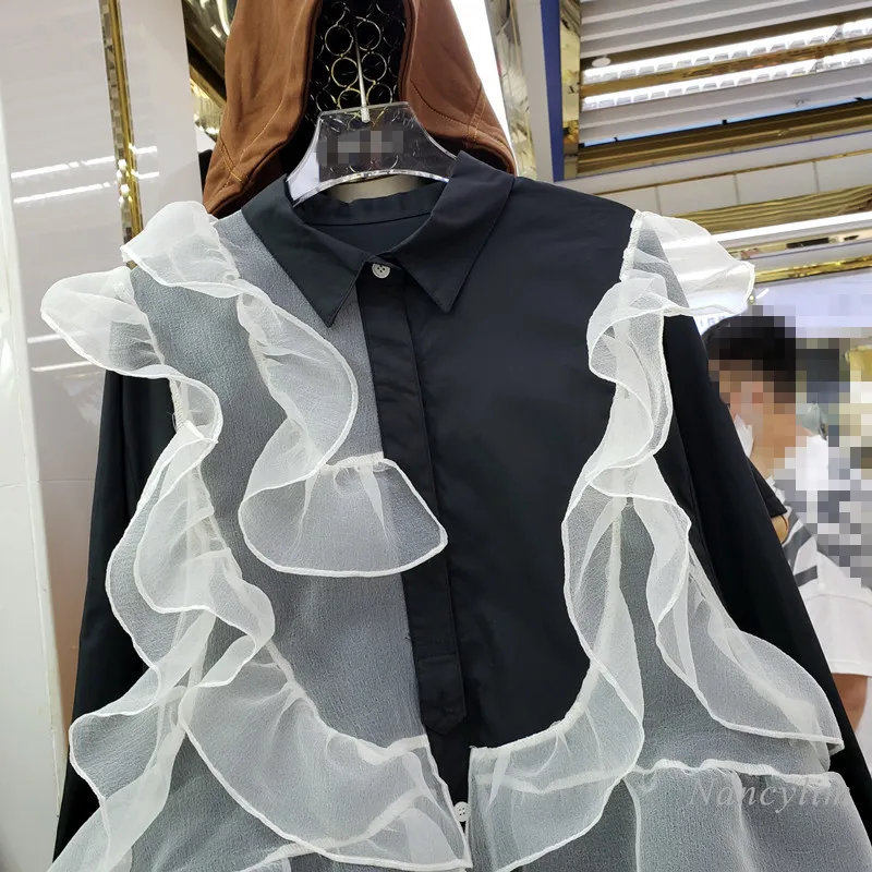 Harajuku Style noir chemise femmes nouveau décontracté couleur contrastée irrégulière maille ébouriffé revers hauts lâche Blusas Mujer 2021