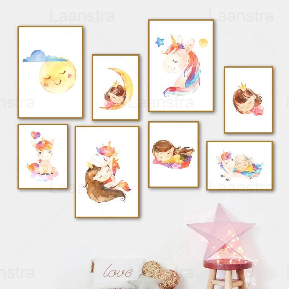 

Cartoon Children's Room Moon Little Girl Unicorn Stars Living Room Home Decoration Canvas Painting Wall Poster Night Dream Kids