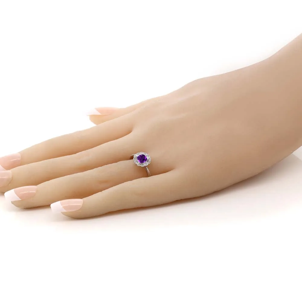 10K кольцо из белого золота Подушка Фиолетовый аметист с бриллиантовым акцентом (в