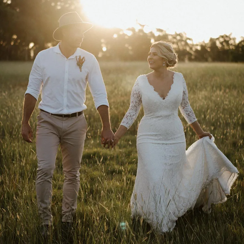 

Classic V-neck Plus Size Wedding Dresses Lace Bridal Gown with Sleeves Vestido de Novia Mermaid Bride Dress