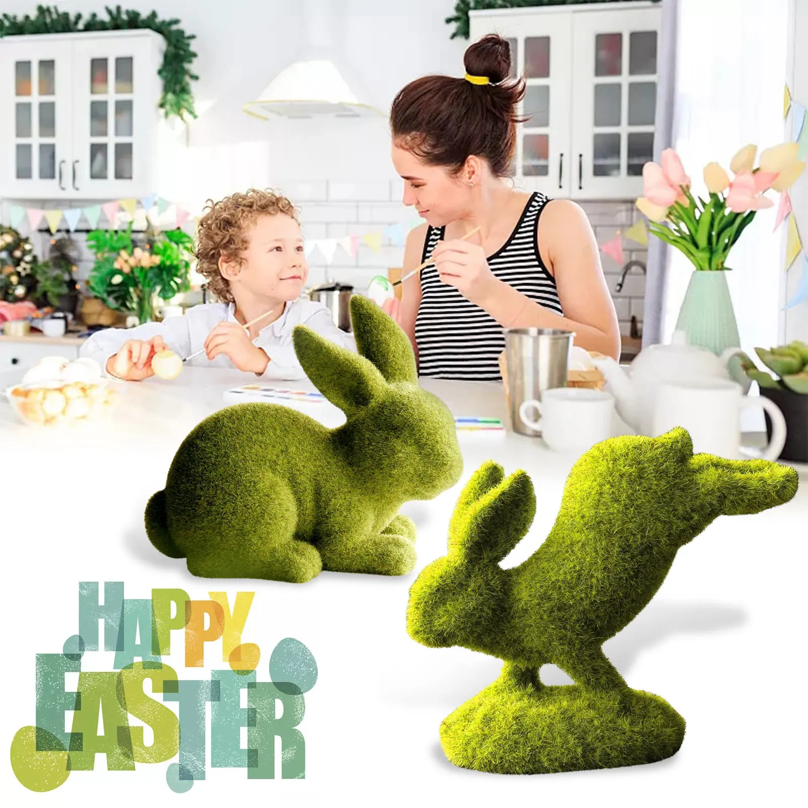 

Милый Пасхальный кролик, украшение для сада, зеленый полимерный кролик, Флокированный кролик, настольное украшение для окна, реквизит для ф...