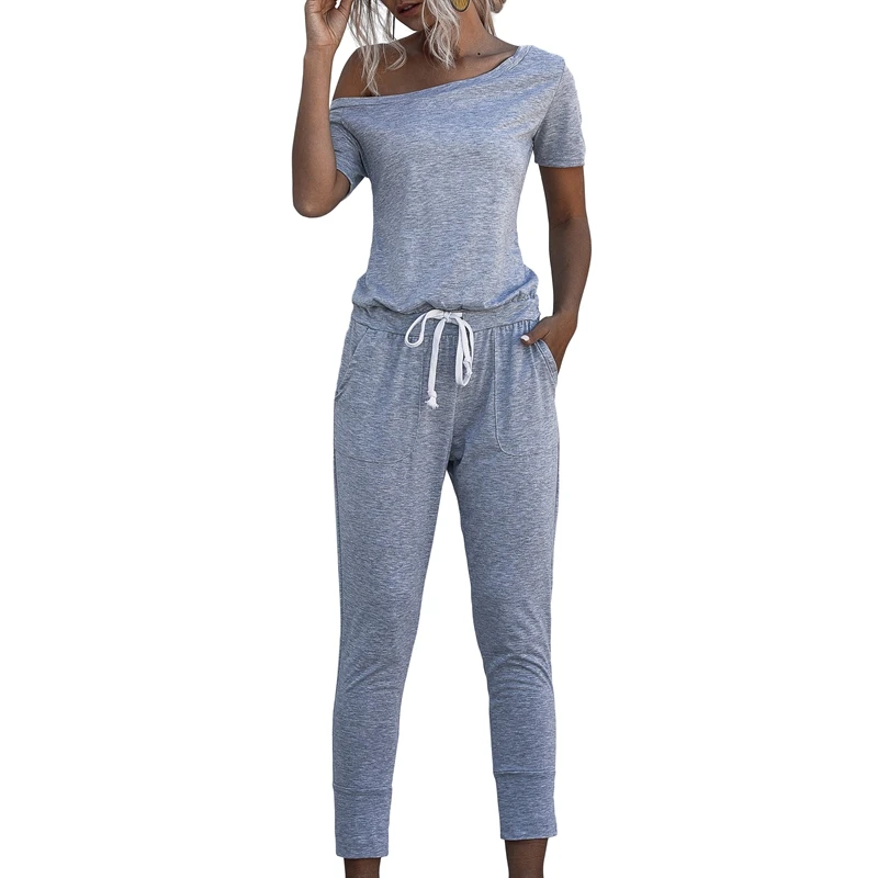 

Women's Casual Off Shoulder Jumpsuits Lace Up Short Sleeve Jumpsuit Romper Trousers