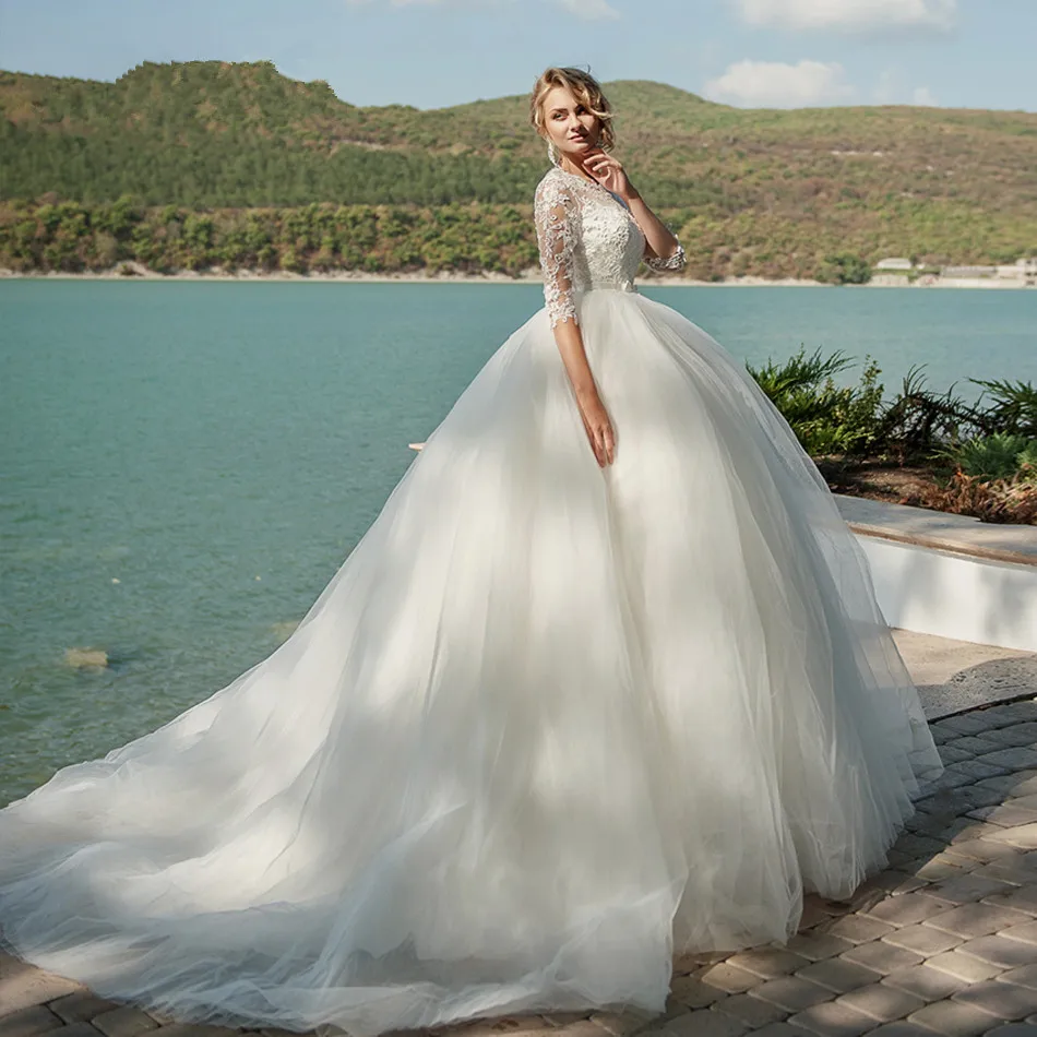 

Пышное свадебное платье в мусульманском стиле, бальное платье с рукавом до локтя, Тюлевое платье с аппликацией и бисером, свадебное платье