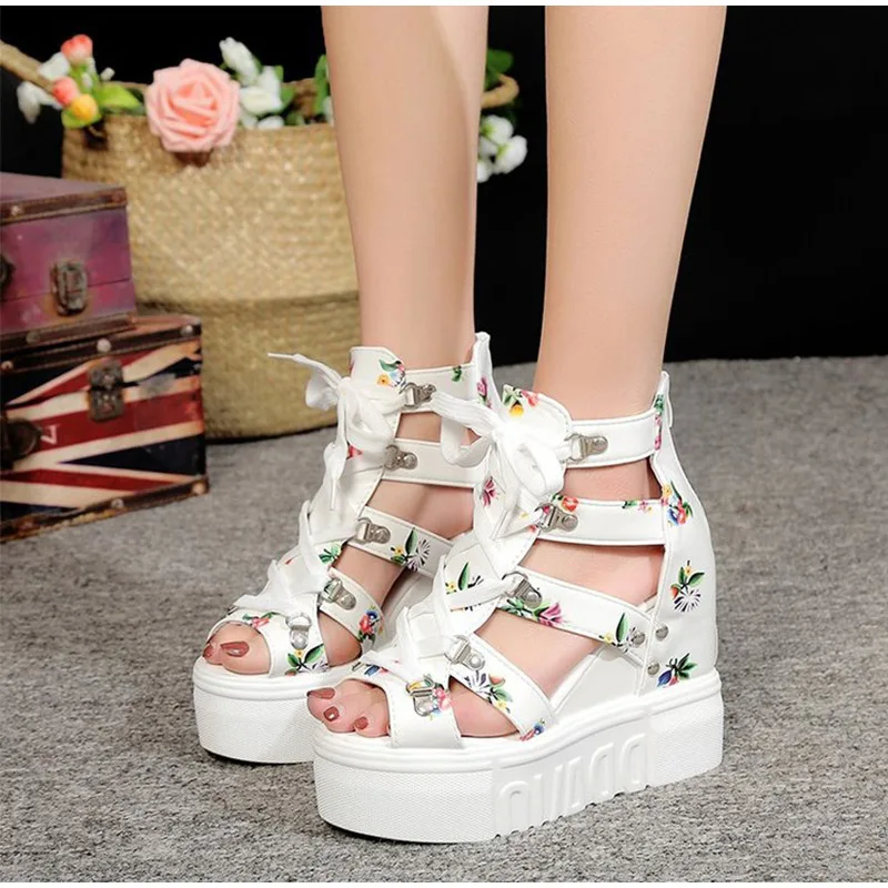 

2021 Summer Women Fashion Sandals Wedges Floral Lace Up Platform Woman Shoes Peep Toe Casual Elegant Footwear Plus Size 35-42