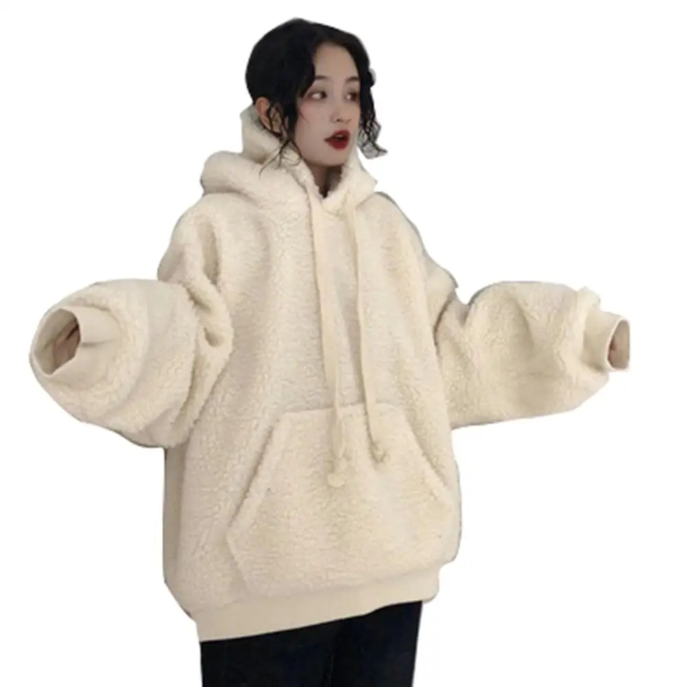 

Women Solid Hoodies Drawstring Loose Plush Pullovers Big Pockets Fashion Loose Hooded Hoodie Ladies Casual Long Sleeve Pullover