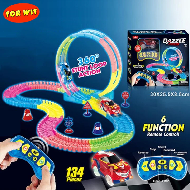 

Luminous Dazzle Tracks with 6 Function Remote Control Car, R/C Race Stunt Car 134part Rail, Children Assembling Educational Toys