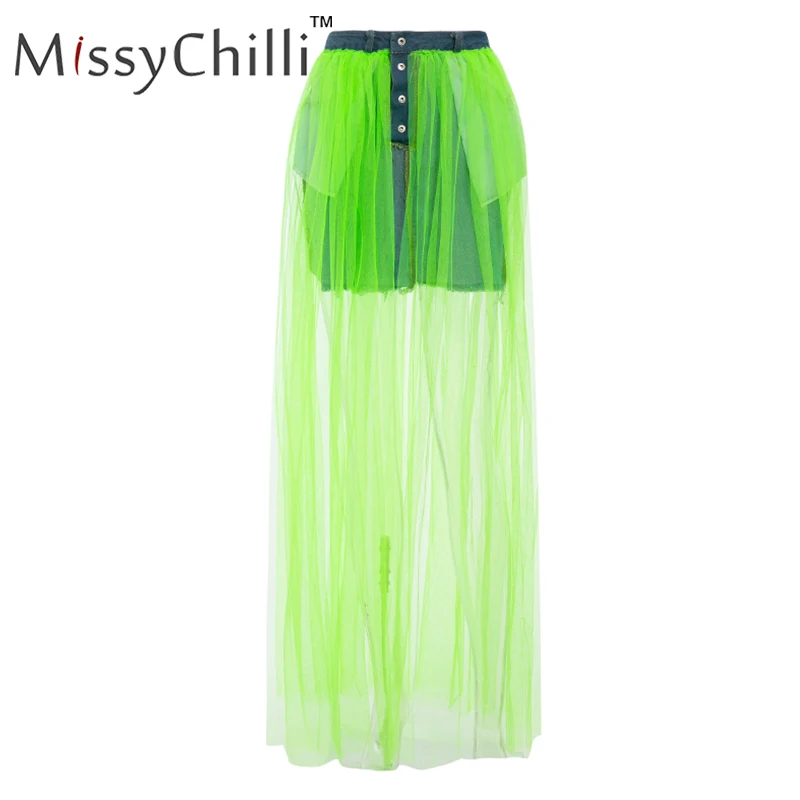 MissyChilli сетчатые Лоскутные юбки джинсовые с разрезом сексуальные летние пуговицы белая юбка с высокой талией женская уличная неоновая джинсовая юбка на пуговицах