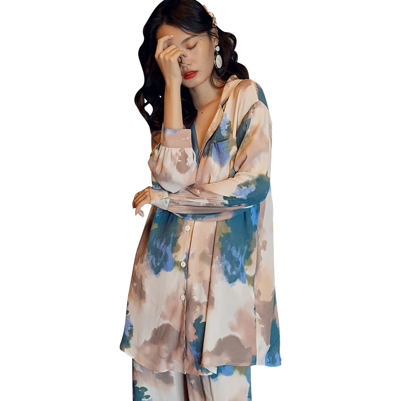 

Maison Gabrielle Silk Satin Abstract Printed Pajamas Set Two-piece Top And Pants Women's Loungewear Chemise Nightdress Shirt