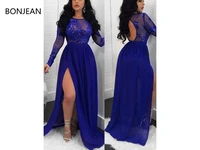 new arrival chiffon muslim evening dress royal blue sequin grenadine draped side slit backless cocktail party 2019
