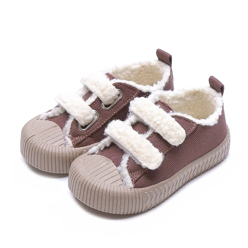 

COZULMA Autumn Winter Kids Boys Plush Lining Canvas Shoes Breathable Baby Children Girls Hook & Loop Flats Size 21-30