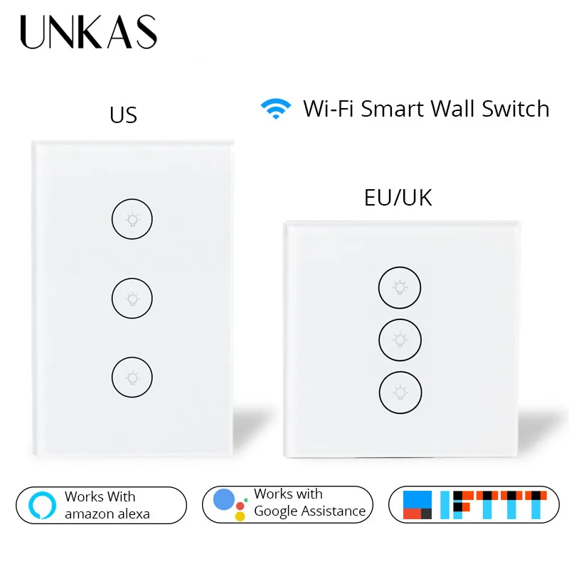 Умный выключатель UNKAS настенный сенсорный с поддержкой Alexa Google Home US EU UK Wi Fi