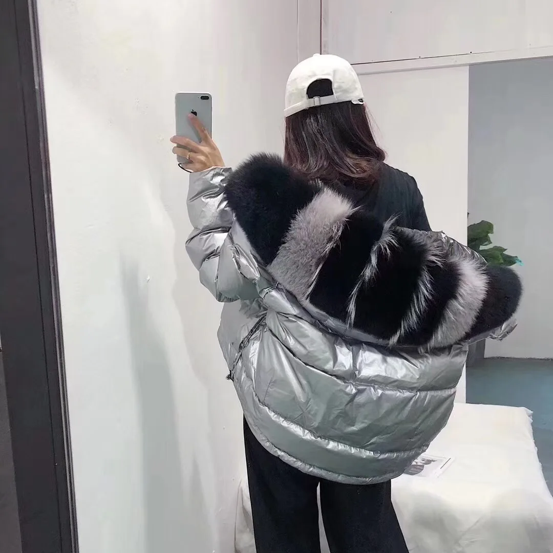 Женское пальто с воротником из натурального меха лисы зимняя короткая Свободная