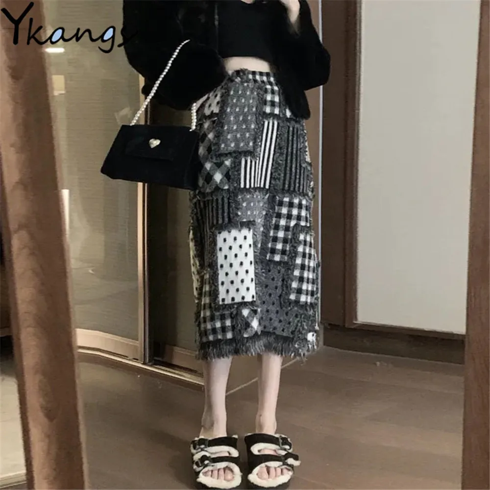 Женская длинная юбка-карандаш винтажная серая клетчатая трапециевидная юбка в