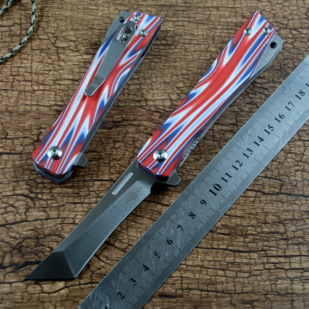 

TWOSUN D2 Tanto Satin Blade Fold Pocket Knives Ball Washer G10 Handle Outdoor Camping Hunting Fast Open Flipper TS324