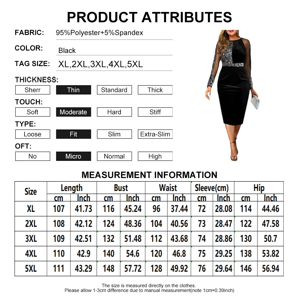 Women Party Dress Plus Size Dresses for Women 2021 Elegant Sequin Patchwork Mesh Sleeve Velour Wedding Evening Bodycon Dress 5XL