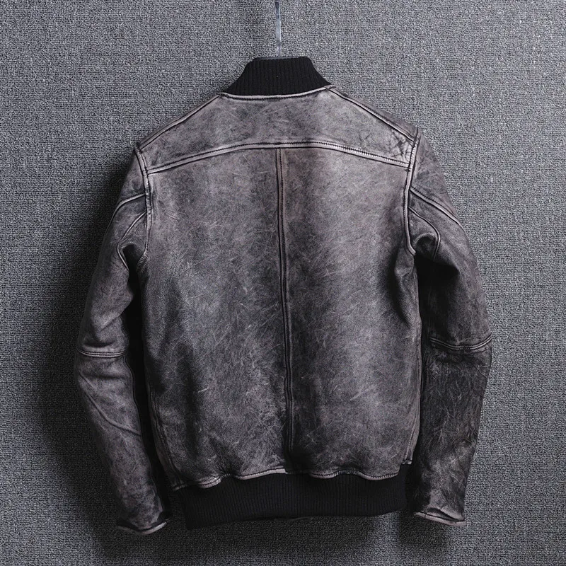 Мужская винтажная бейсбольная куртка из овечьей кожи с воротником стойкой в