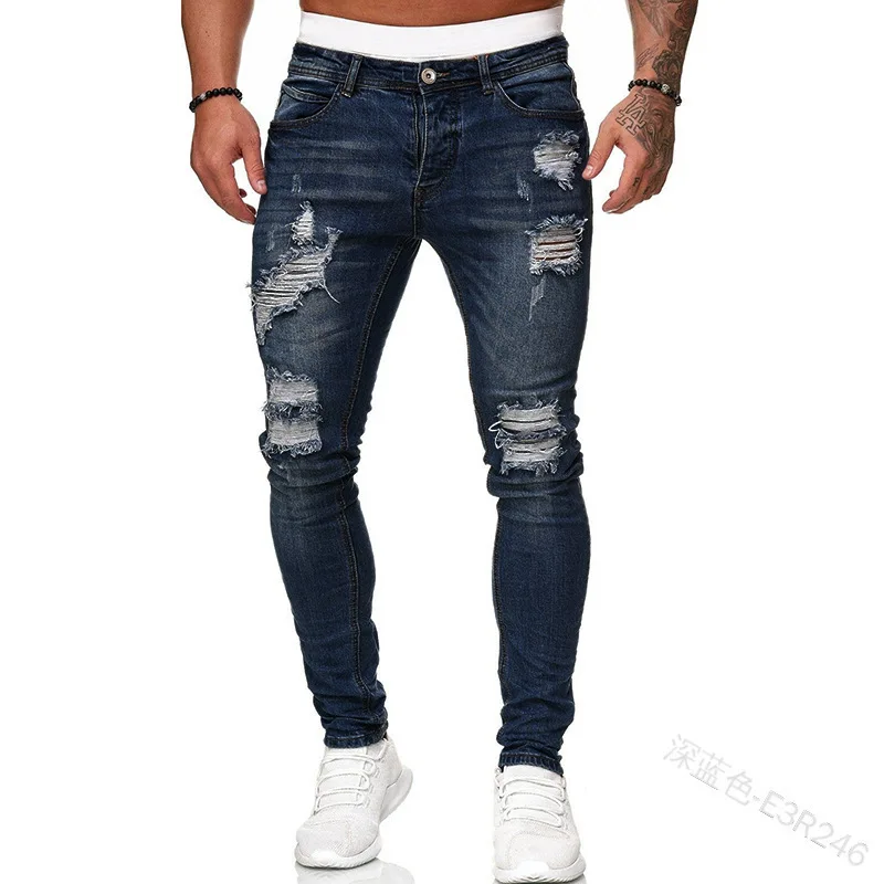 

Men's jeans casual slim fit type with zipper solid color mid-waist tight-fitting hole casual style locomotive streetwear spring