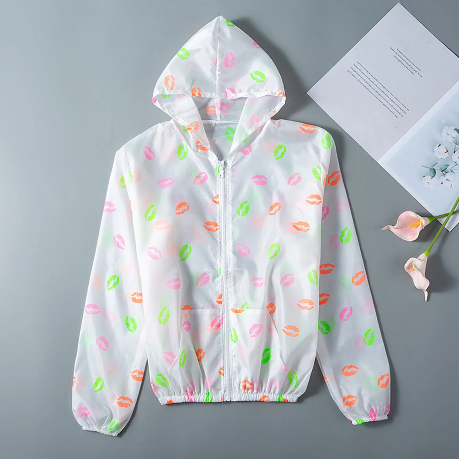 Summer Women Hooded Top Sweatshirt Uvproof Print Zip-up Sweatshirts For Woman Running Sports Top
